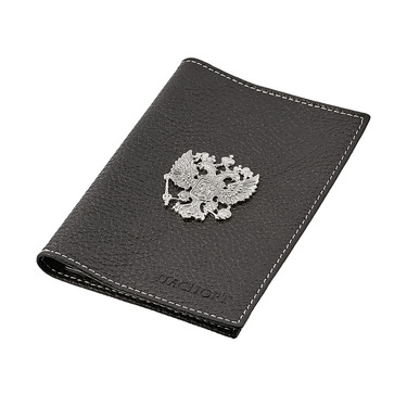 Кожаная обложка для паспорта с серебряным гербом РФ, черная