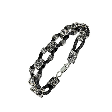 Браслет мужской из натуральной кожи с серебряными вставками, ширина 1,7 см