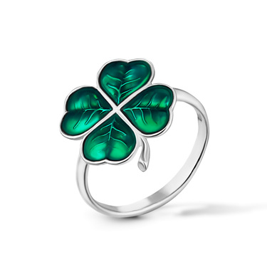 Серебряное женское кольцо "Четырехлистный клевер", зеленая эмаль