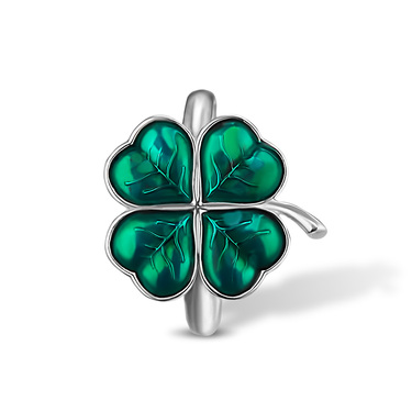Серебряное женское кольцо Четырехлистный Клевер, родий, зеленая эмаль