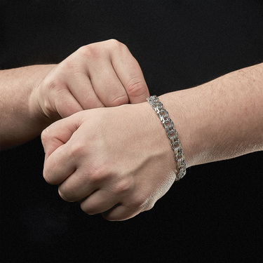 Серебряный браслет с замком коробочкой, плетение Бисмарк, ширина 1 см, родирование