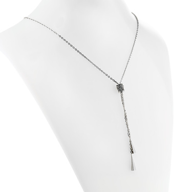 Длинное серебряное колье-галстук с подвесками-цепочками, цирконии, родий