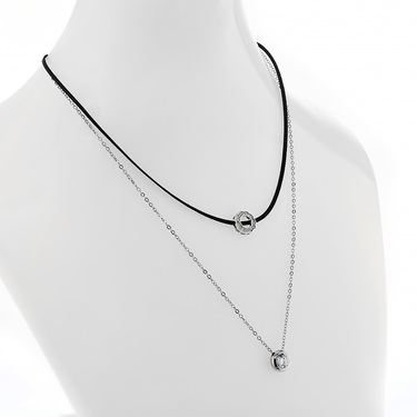 Двойное серебряное колье с подвесками с циркониями, родий