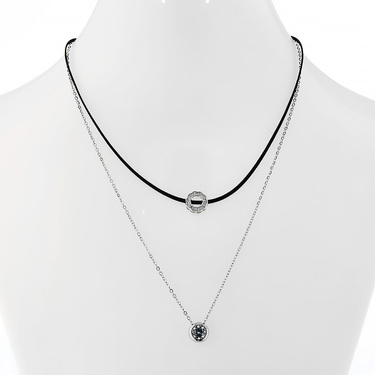 Двойное серебряное колье с подвесками с циркониями, родий