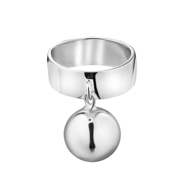 Серебряное женское кольцо с подвижной подвеской-шариком, родий