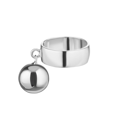 Серебряное женское кольцо с подвижной подвеской-шариком, родий