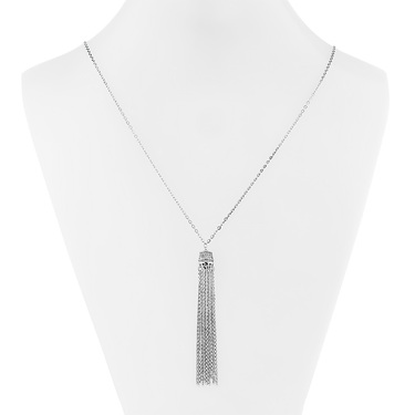 Серебряное женское колье-галстук с подвеской-кисточкой,цирконии, родий