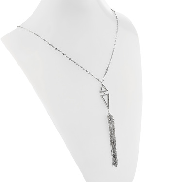 Длинное серебряное колье-галстук с подвеской-кисточкой, цирконии, родий