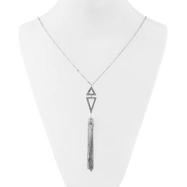 Длинное серебряное колье-галстук с подвеской-кисточкой, цирконии, родий
