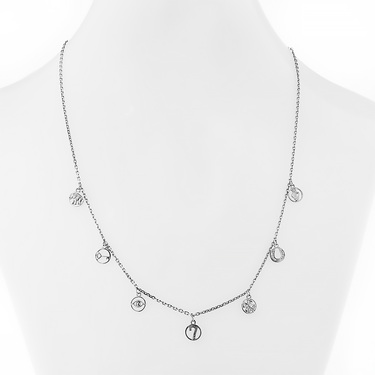 Серебряное женское колье с подвесками-талисманами, родий