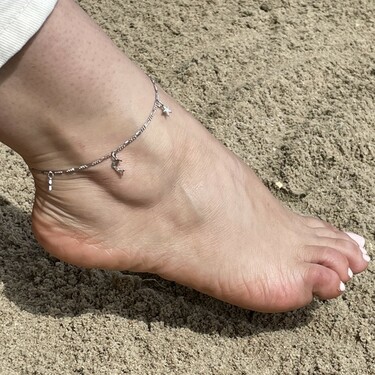 Серебряный анклет женский браслет на ногу с подвесками-звездочками и дельфином, родий