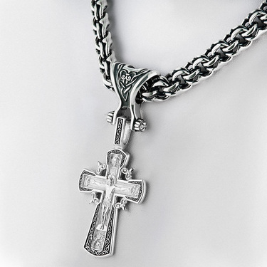 Серебряный переходник с толстой/широкой цепи на кулон/крест, большой, чернение