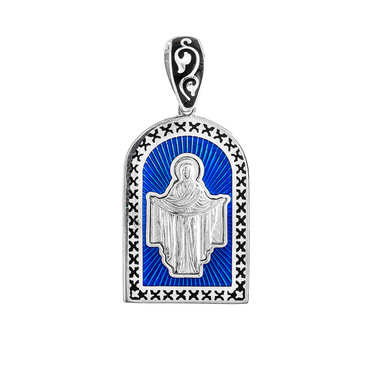 Серебряная подвеска Покрова Пресвятой Богородицы, эмаль синяя/черная