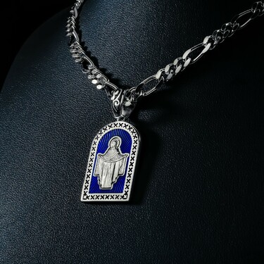 Серебряная подвеска Покрова Пресвятой Богородицы, эмаль синяя/черная