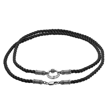 Ювелирный шнурок Гайтан черный, Шелк 4 мм с серебряной разъемной вставкой и замком, Чернение