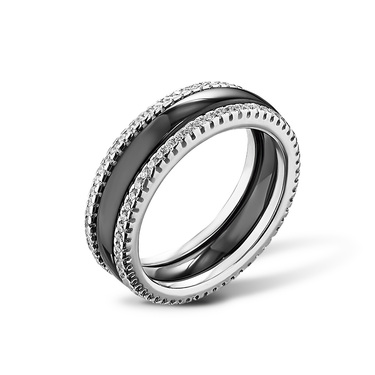 Серебряное женское кольцо, вставка керамика и цирконии, покрытие родий
