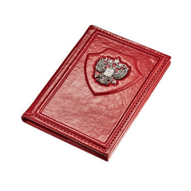 Красная кожаная обложка для паспорта с серебряной вставкой "Герб России", черный и белый родий
