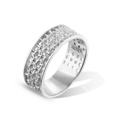 Серебряное женское широкое кольцо Дорожки с белыми камнями фианитами, родий