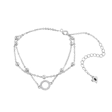 Серебряный женский браслет из двух цепочек с шариками, цирконии, родирование