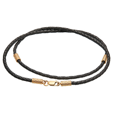 Ювелирный шнурок Гайтан черный, Натуральная плетеная кожа 3 мм с серебряным замком, Позолота