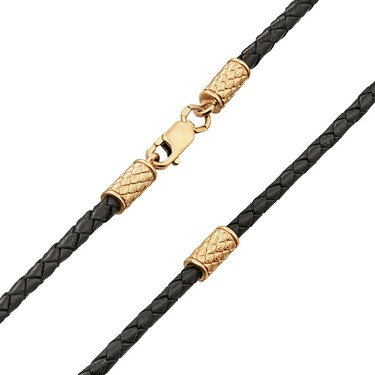 Ювелирный шнурок Гайтан черный, Натуральная плетеная кожа 3 мм с серебряным замком, Позолота