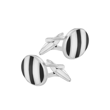 Серебряные овальные запонки с эмалью, черные и белые полосы, родий