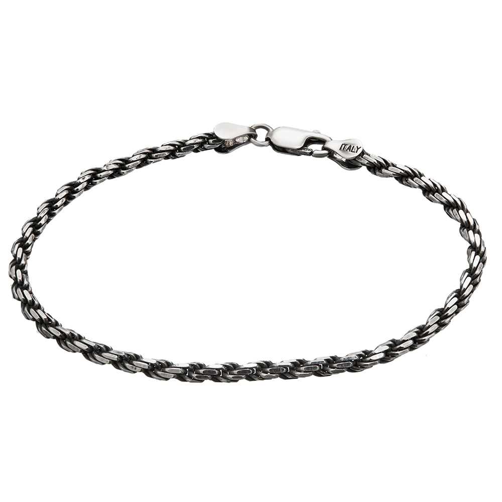 Серебряный мужской браслет, плетение Кордовое, чернение, ширина 2,9 мм Браслет на руку,Серебро,с вставкой Без вставок,с замком Карабинный,ИТАЛИЯ