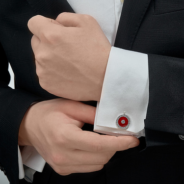 Серебряные круглые запонки Николая II с фианитами, красная эмаль