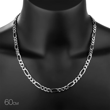 Серебряная мужская цепь, плетение Картье (Фигаро), родирование, ширина 6,4 мм