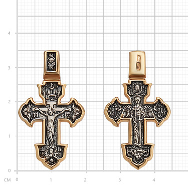 Серебряный двусторонний православный крест с распятием и ангелом, чернение, позолота