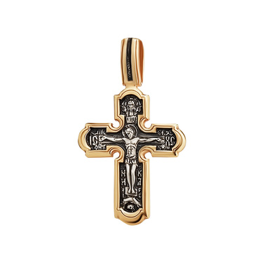 Серебряный двусторонний православный крест с распятием, чернение с позолотой