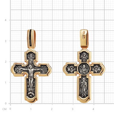 Серебряный двусторонний православный крест с распятием, чернение с позолотой