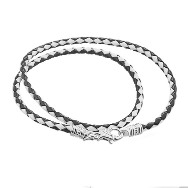 Ювелирный шнурок Гайтан черно-белый, Натуральная плетеная кожа 3 мм с серебряным замком, Родирование