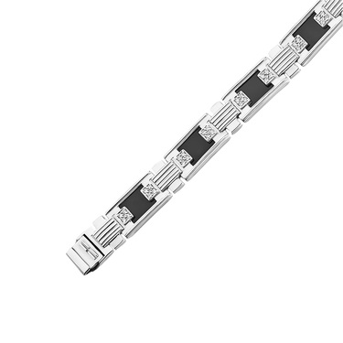 Серебряный мужской браслет, полужесткое плетение, с ониксом и фианитом, в родии, 0,9 см