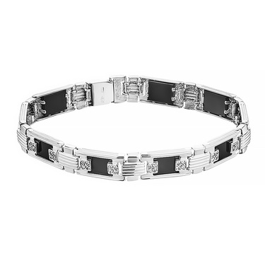 Серебряный мужской браслет, полужесткое плетение, с ониксом и фианитом, в родии, 0,9 см
