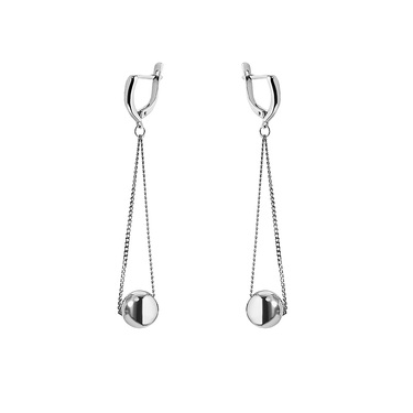 Серебряные серьги с подвесками-шариками на цепочках, диаметр 1 см, родирование