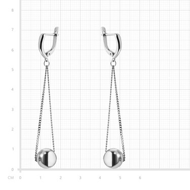 Серебряные серьги с подвесками-шариками на цепочках, диаметр 1 см, родирование