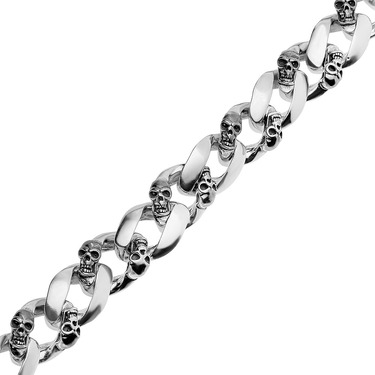 Серебряный мужской браслет, плетение Панцирь с черепами, ширина 1,35 см
