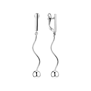 Серебряные длинные серьги-спирали с шариками, покрытие родием