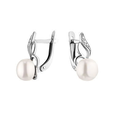 Серебряные серьги с культивированным жемчугом и бесцветными фианитами