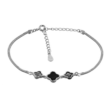 Серебряный утонченный женский браслет с четырехлистником с черной эмалью, в родии