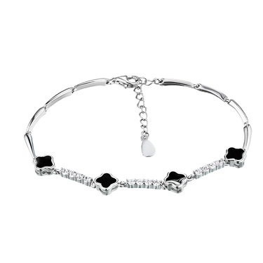 Серебряный женский браслет с четырехлистниками с циркониями, родирование