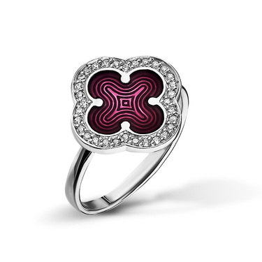 Серебряное женское кольцо "Четырехлистник" с фиолетовой эмалью и фианитами