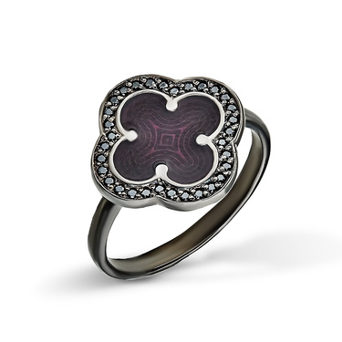 Серебряное женское кольцо "Четырехлистник" с черно-фиолетовой эмалью и черными фианитами