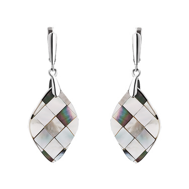 Перламутровые ромбические серьги, мозаика, серебро 925, родий