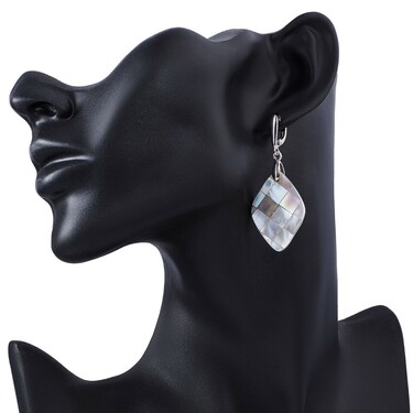 Перламутровые ромбические серьги, мозаика, серебро 925, родий