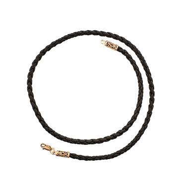 Ювелирный шнурок Гайтан черный, Плетеная Экокожа 3 мм с ажурным серебряным замком, Позолота