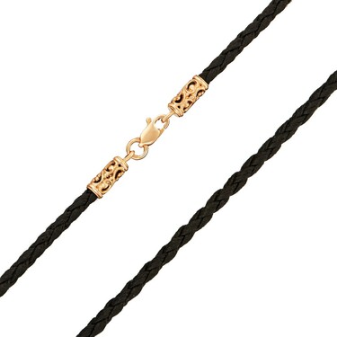 Ювелирный шнурок Гайтан черный, Плетеная Экокожа 3 мм с ажурным серебряным замком, Позолота