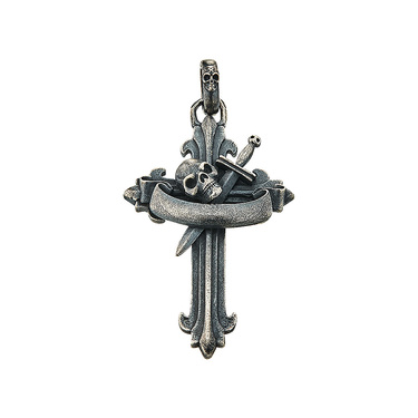Массивная серебряная подвеска "Символ бесстрашия", крест с черепом и ножом, оксидирование