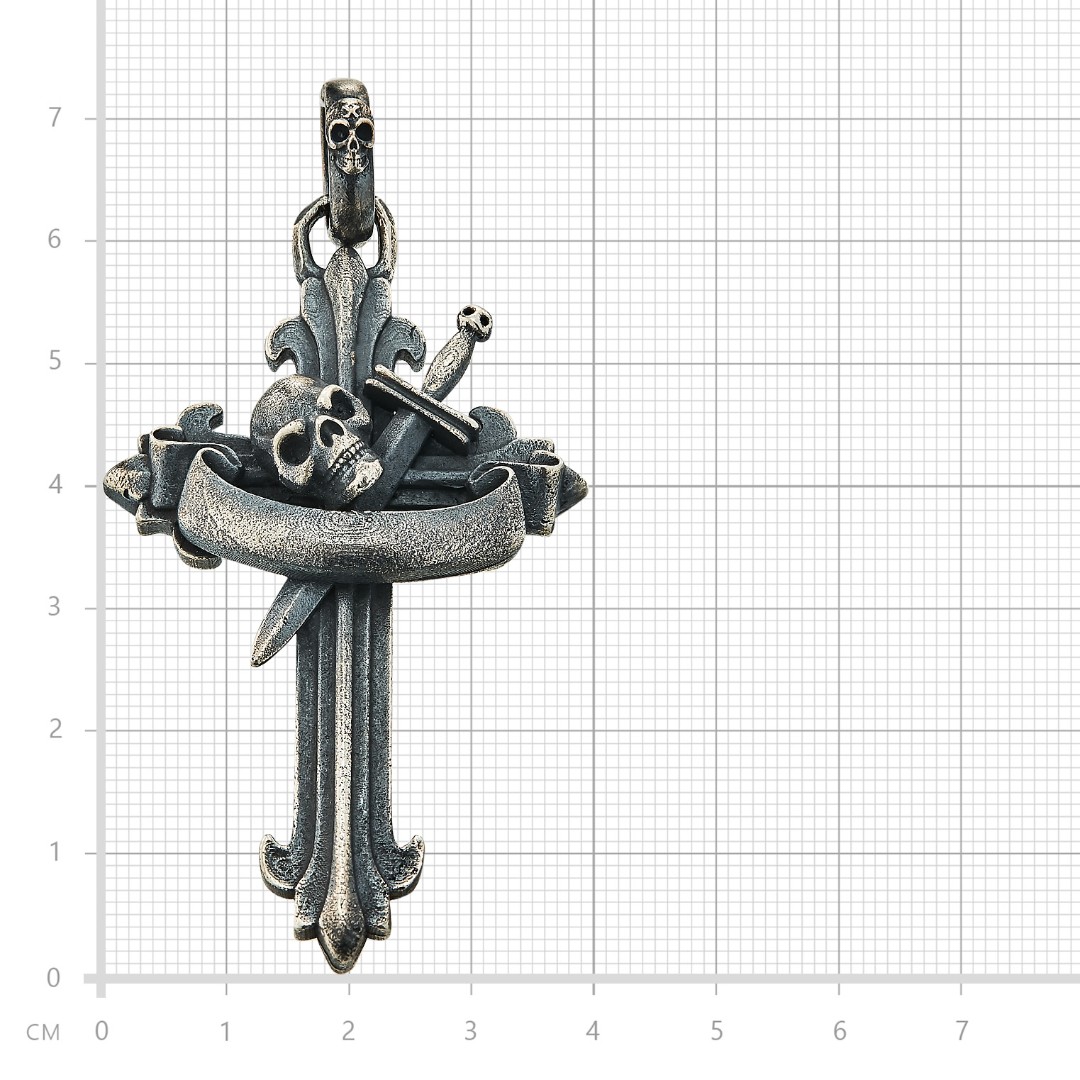 Массивная серебряная подвеска Символ бесстрашия, крест с черепом и ножом, оксидирование, высота 73.7 мм